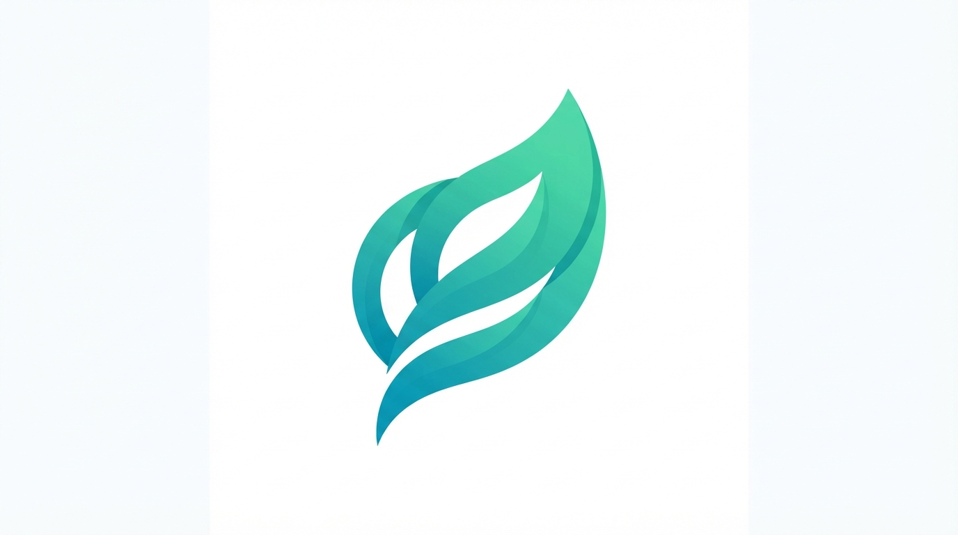 Abstract overlapping shapes forming implied leaf, teal gradient