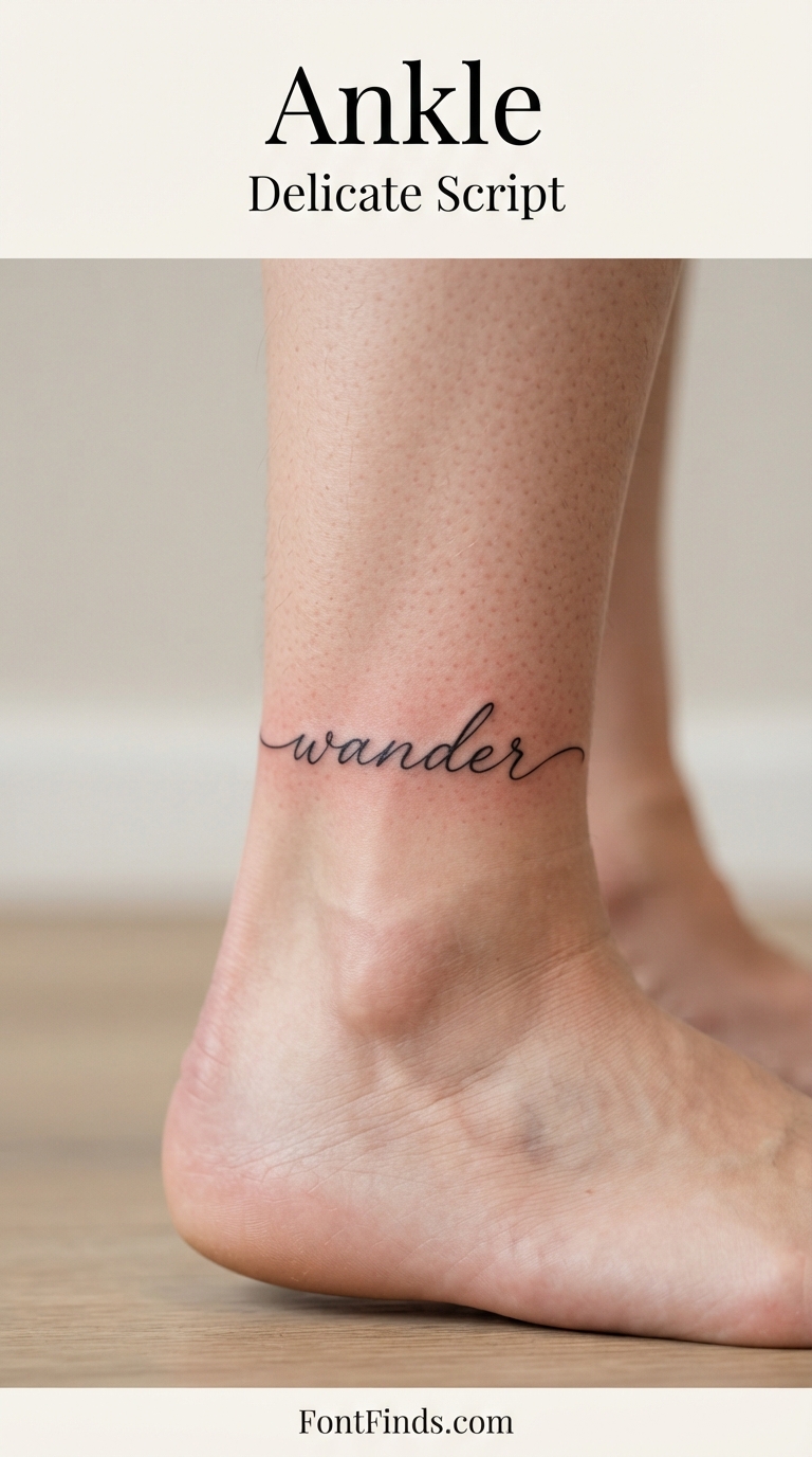 Delicate script tattoo font wrapping the ankle