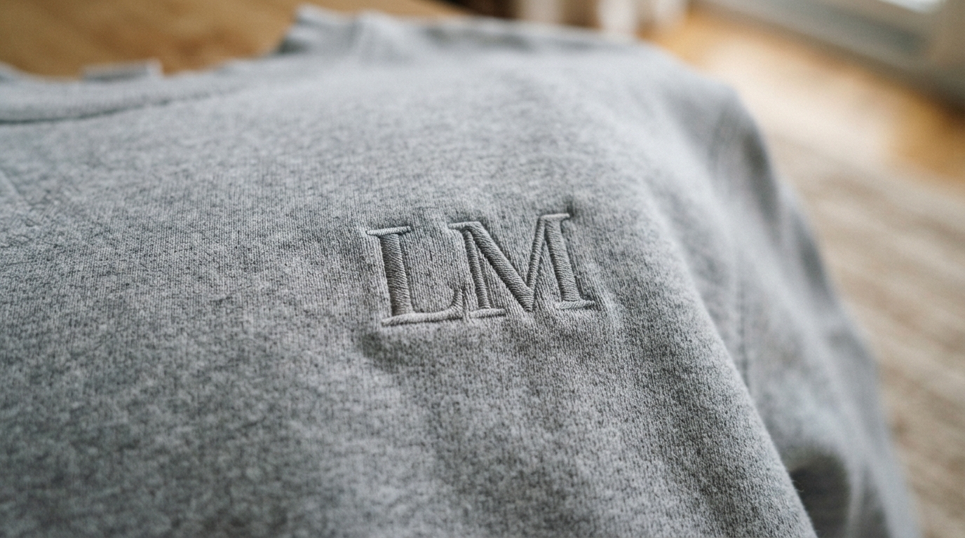 Tonal monogram embroidery on heather grey sweatshirt