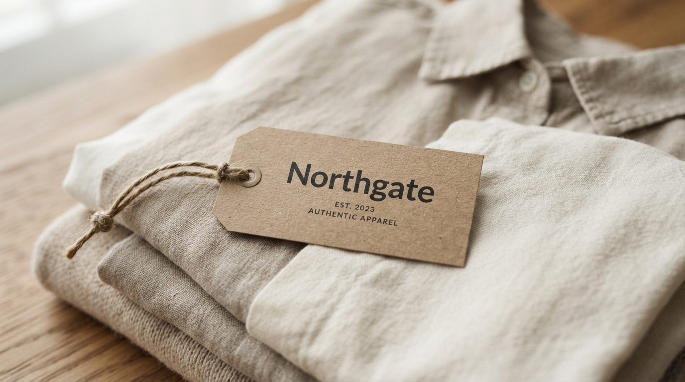 Kraft paper hang tag with minimal clothing brand wordmark