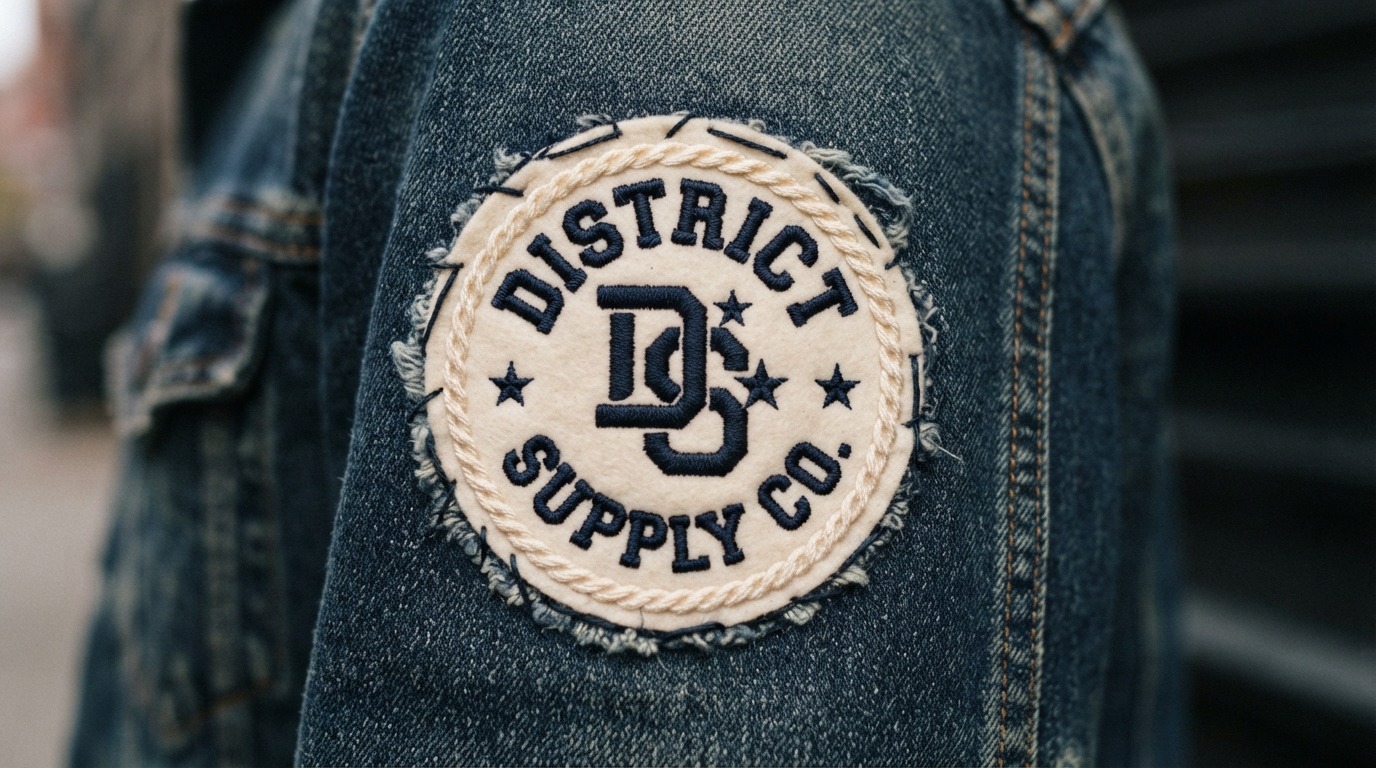 Circular varsity embroidered patch on denim jacket sleeve
