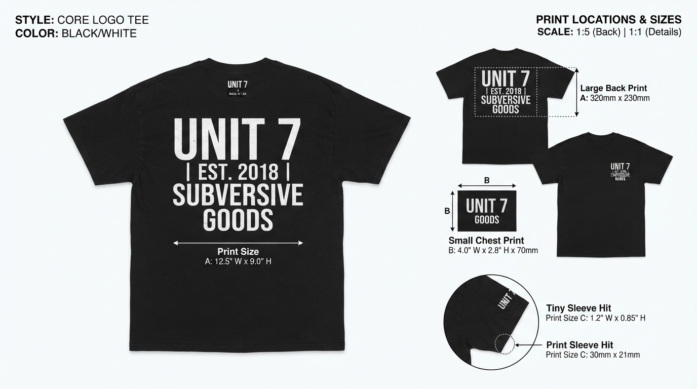 Streetwear logo shown at back print, chest print and sleeve sizes