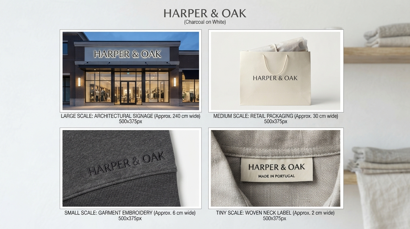 Clothing brand logo shown at four sizes from storefront to label
