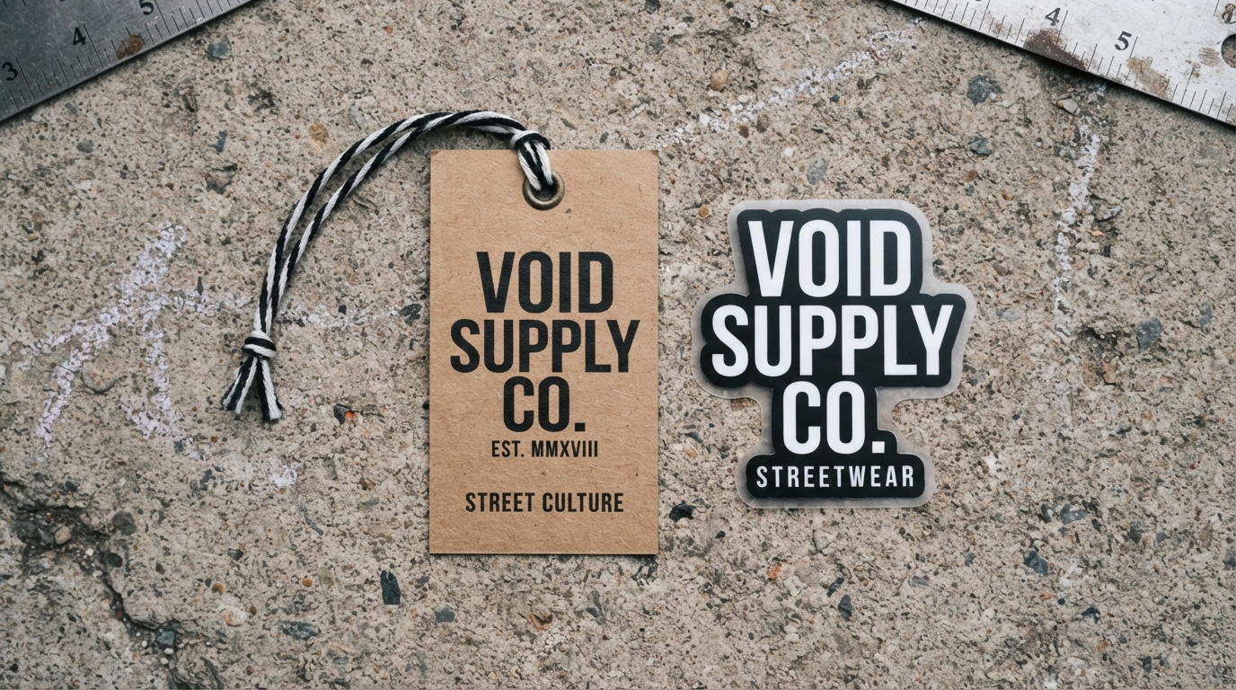 Streetwear brand hangtag and vinyl sticker flat lay