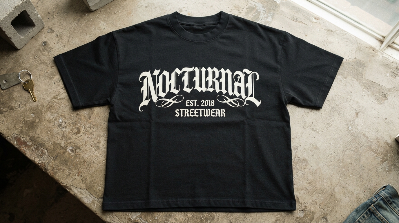 Blackletter streetwear logo screen printed on black t-shirt