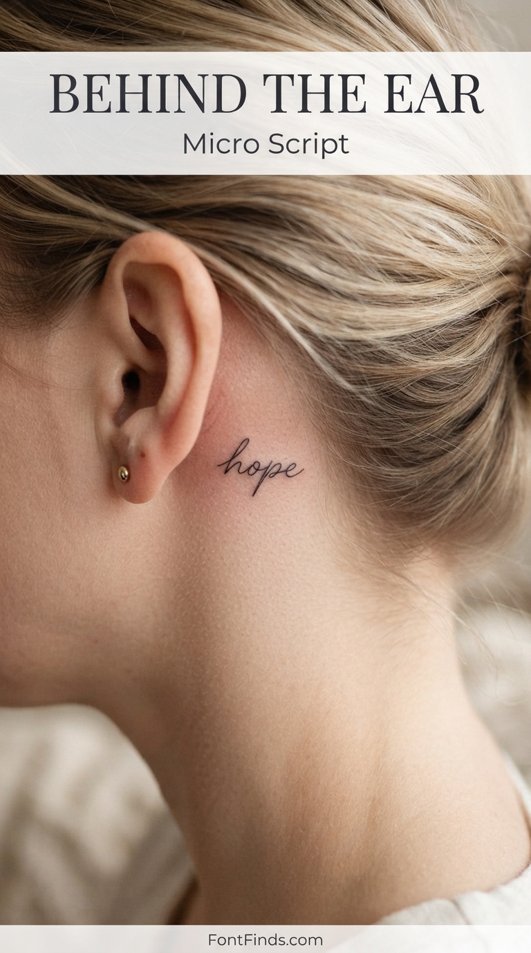 Micro script tattoo font behind the ear
