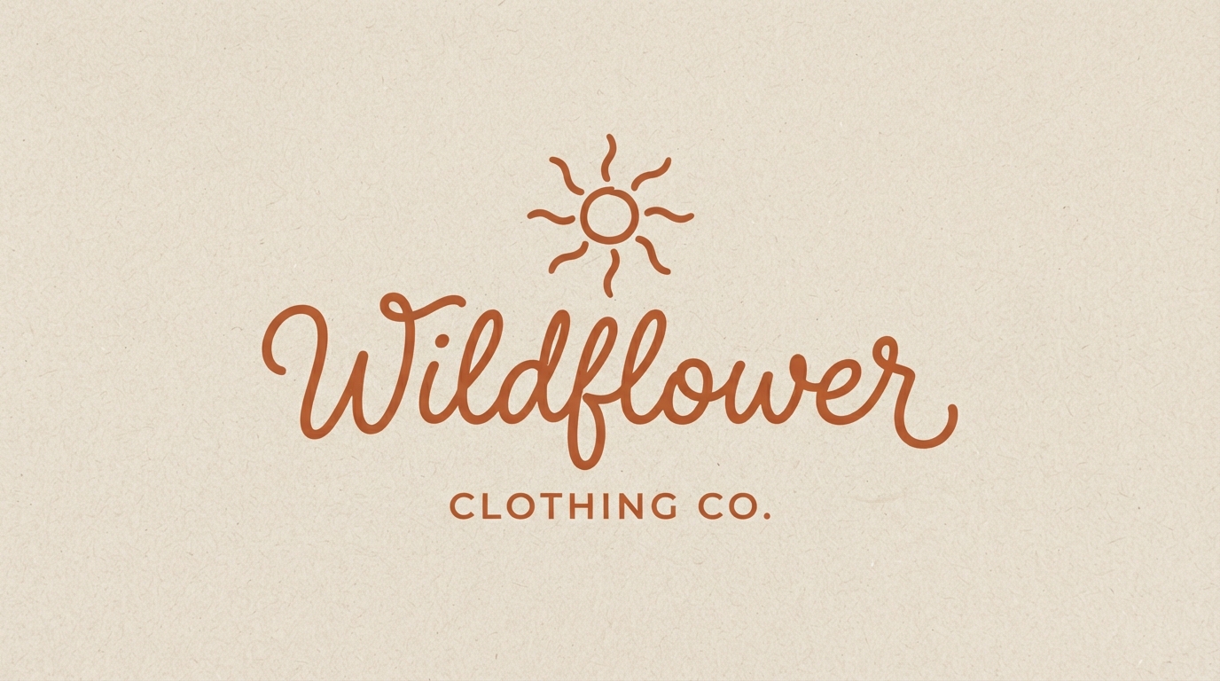Wildflower boho script clothing logo with sun motif