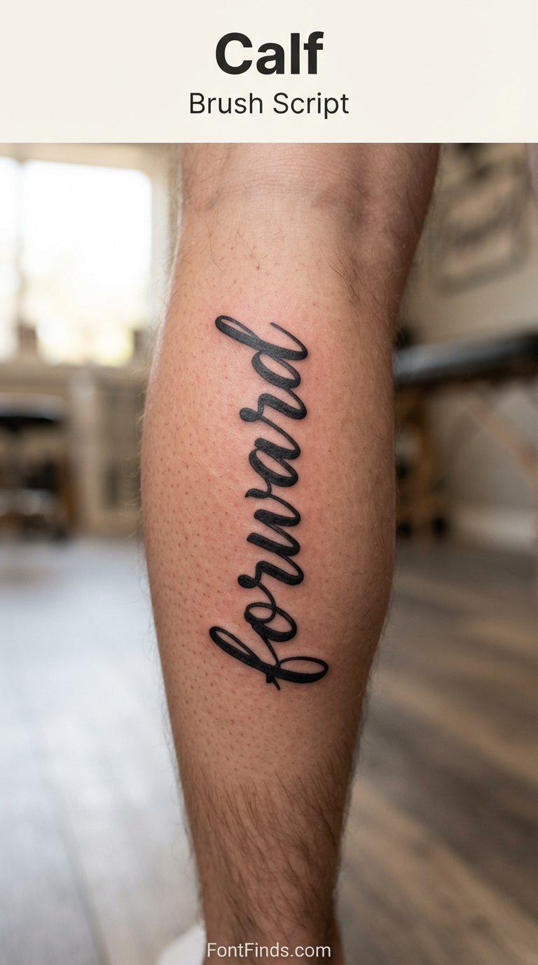 Brush script tattoo lettering on calf