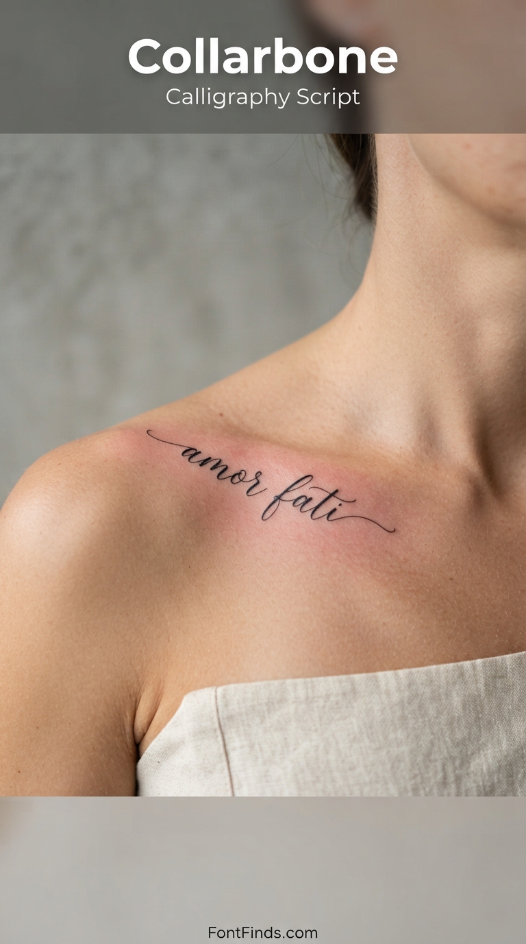 Calligraphy script tattoo font along collarbone