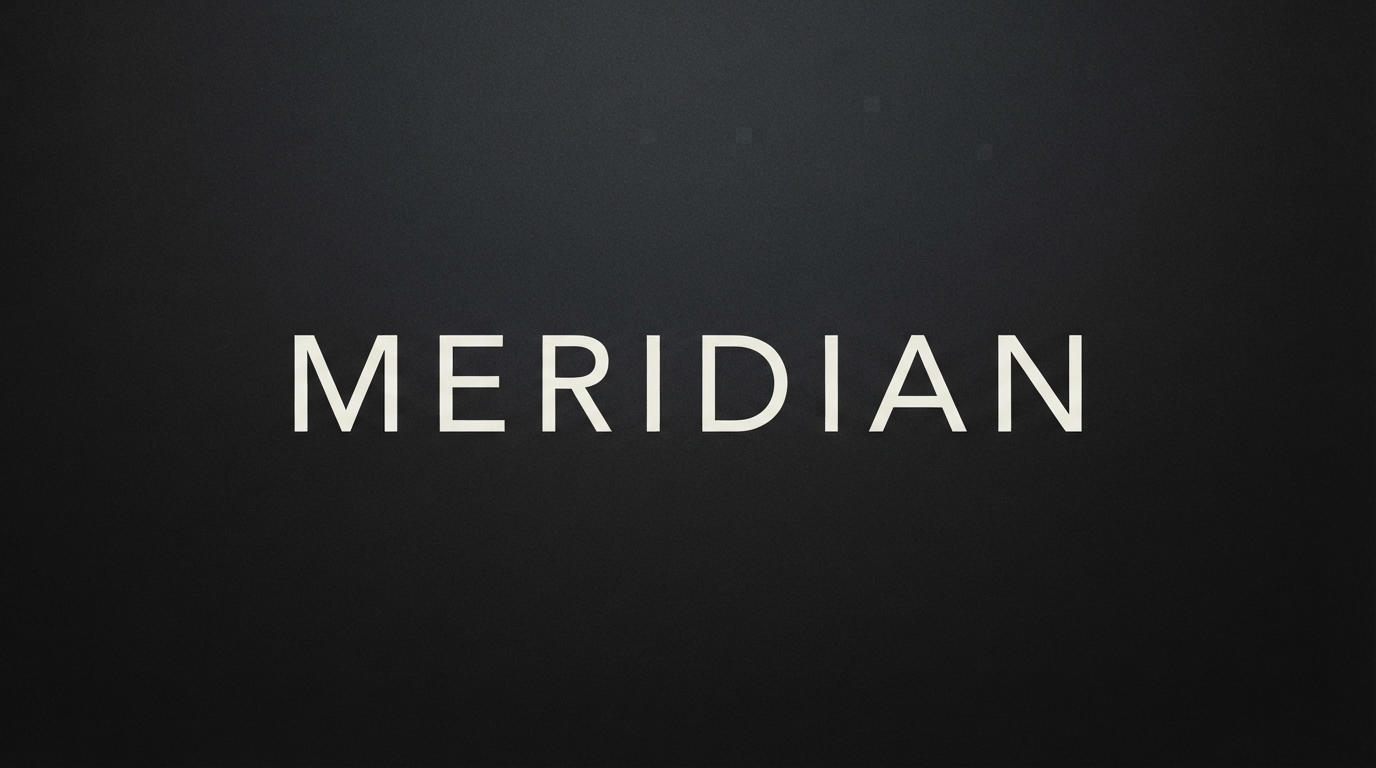 MERIDIAN wordmark in light sans on dark charcoal background