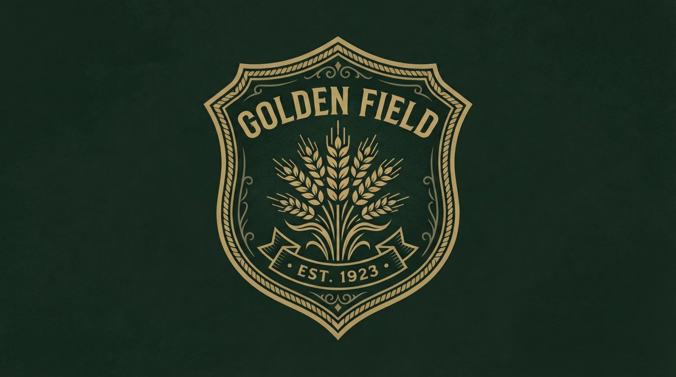 Shield emblem logo with wheat sheaf, gold on dark green