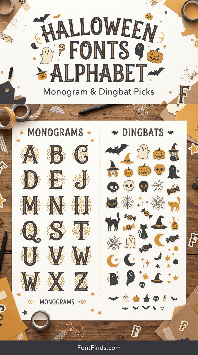 Halloween Fonts Alphabet Monogram and Dingbat Icon Sets
