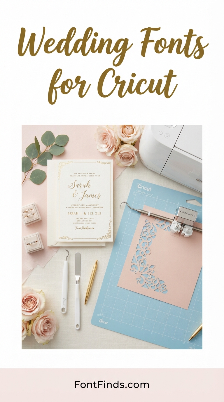 Wedding Fonts for Cricut - elegant script font with wedding invitation and Cricut cutting mat