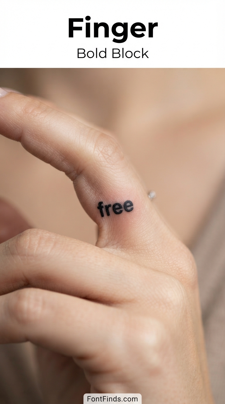 Bold block tattoo lettering on finger