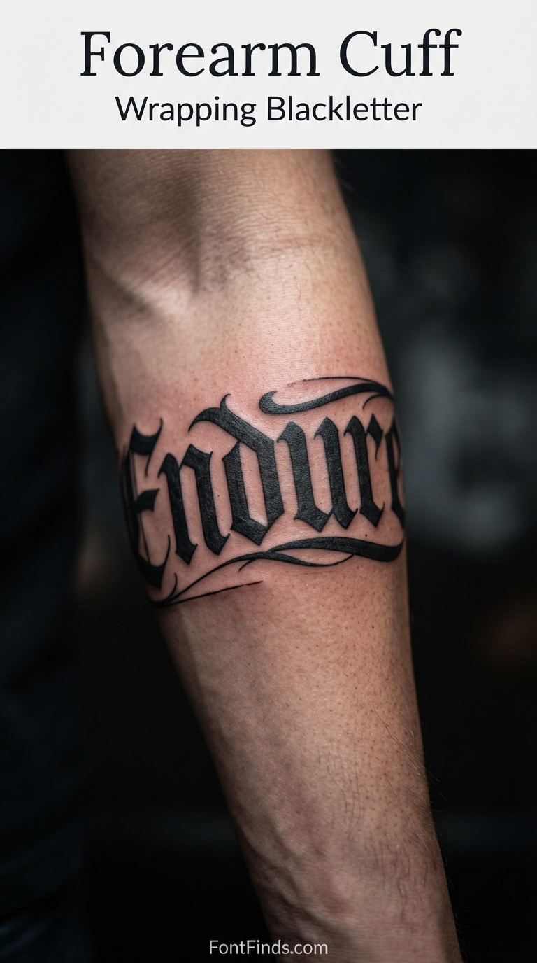 Blackletter cuff tattoo wrapping around forearm