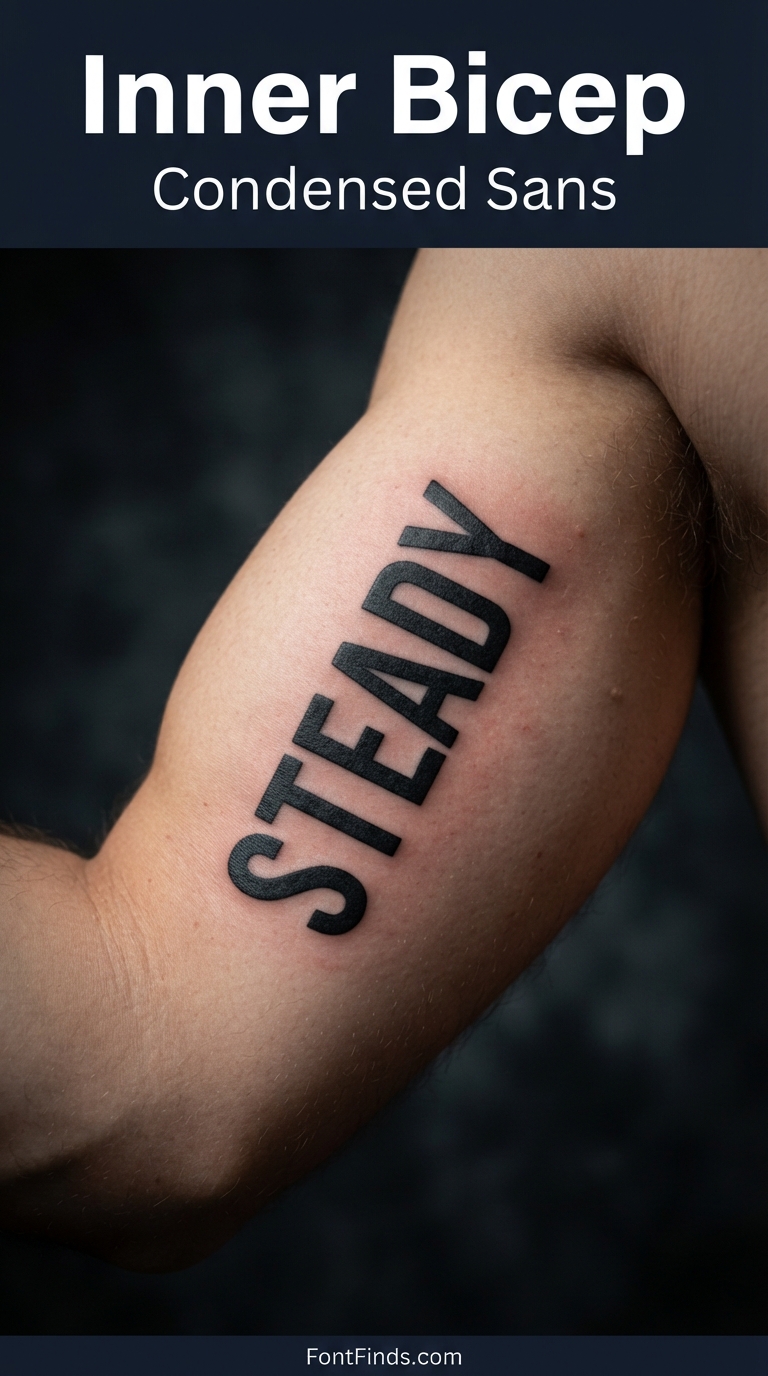 Bold condensed sans serif tattoo font on inner bicep