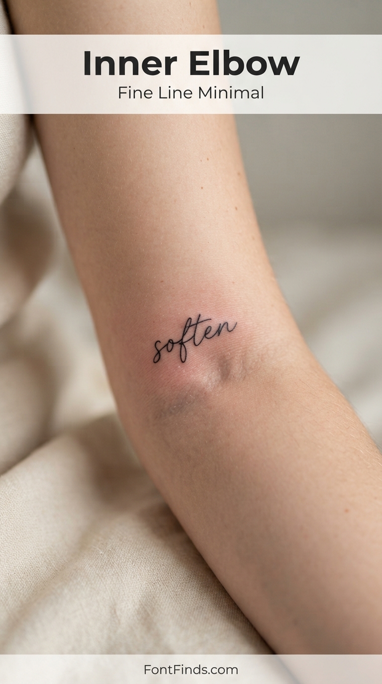 Fine line minimal tattoo script in inner elbow crease