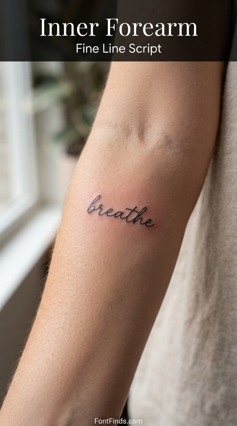 Fine line script tattoo font on inner forearm
