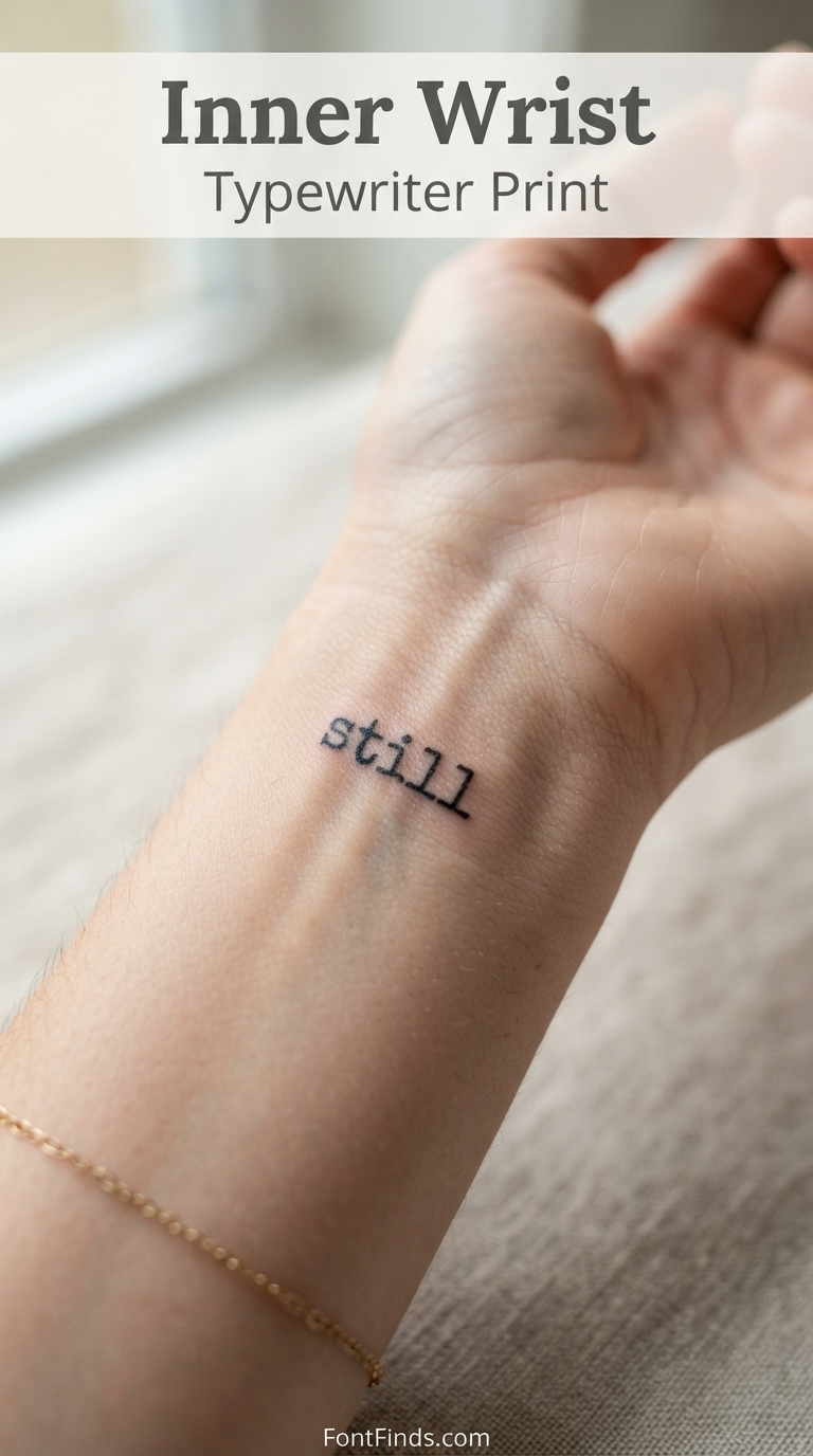 Typewriter print tattoo font on inner wrist