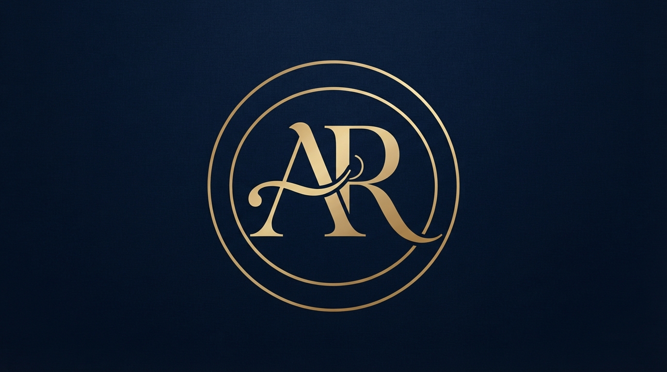 Intertwined AR monogram in circular frame, gold on navy
