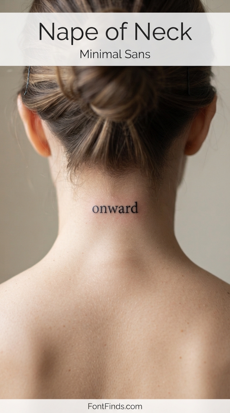 Minimal sans serif tattoo font on nape of neck