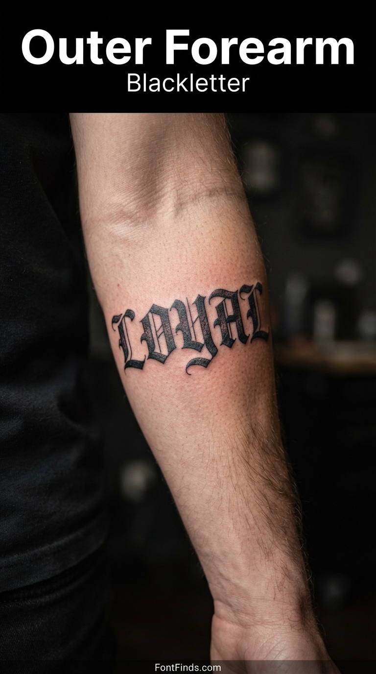 Blackletter tattoo lettering on outer forearm