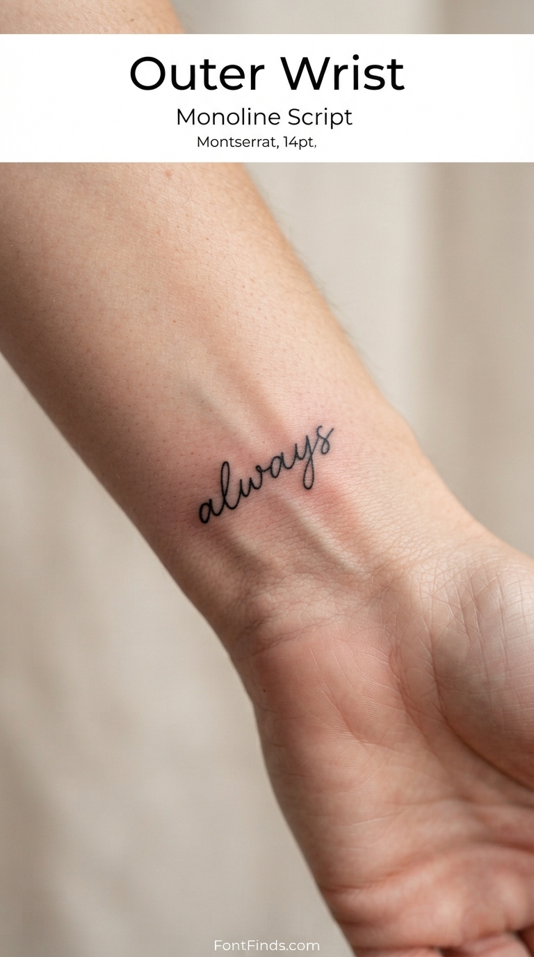 Monoline script tattoo font on outer wrist