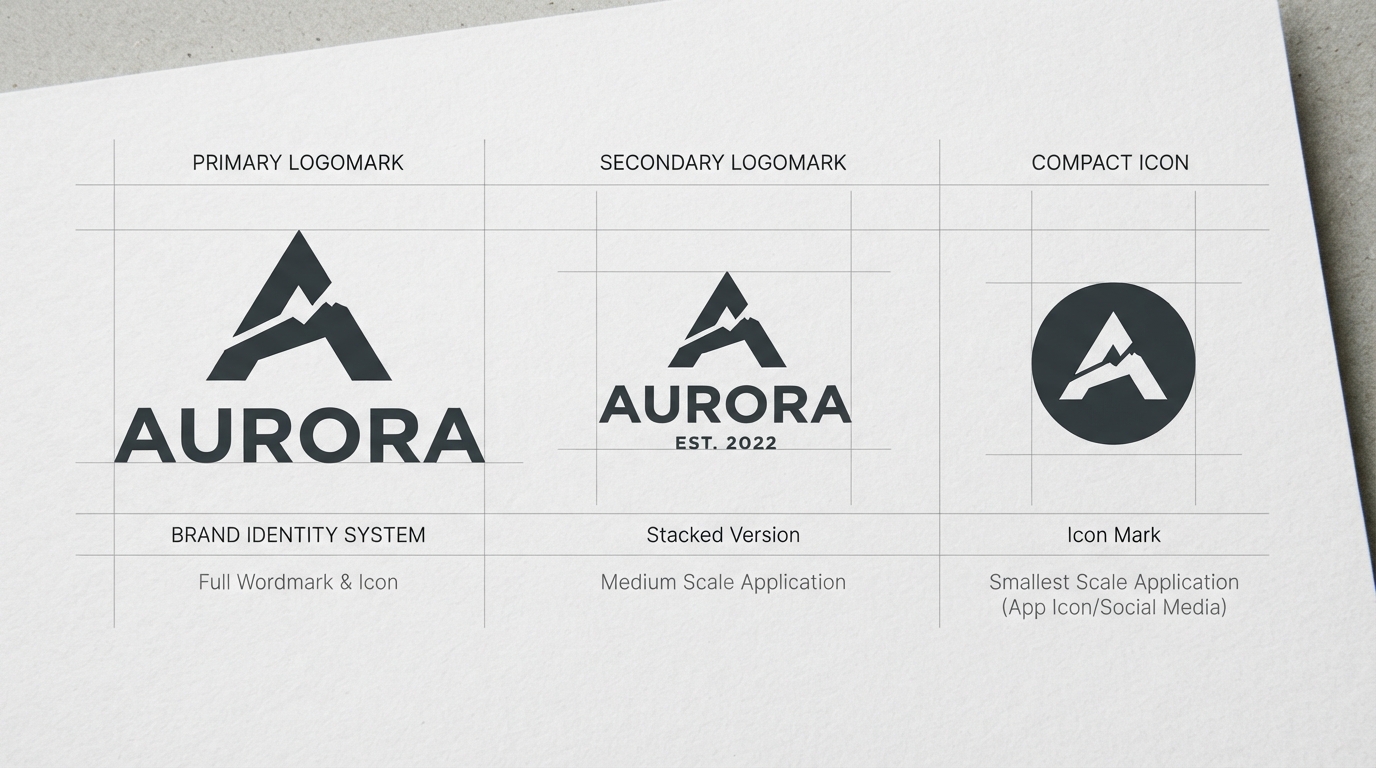 Responsive logo system shown at three sizes from wordmark to icon