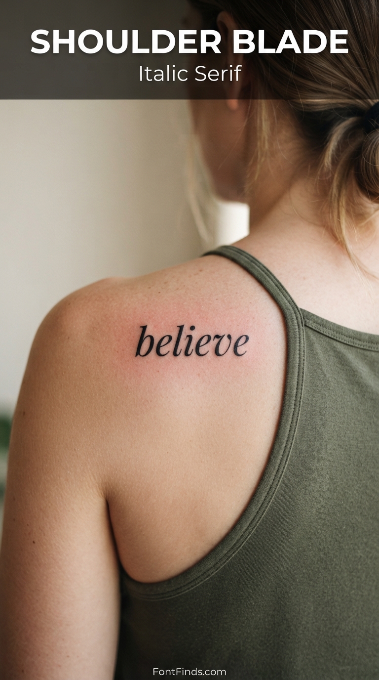 Italic serif tattoo lettering on shoulder blade