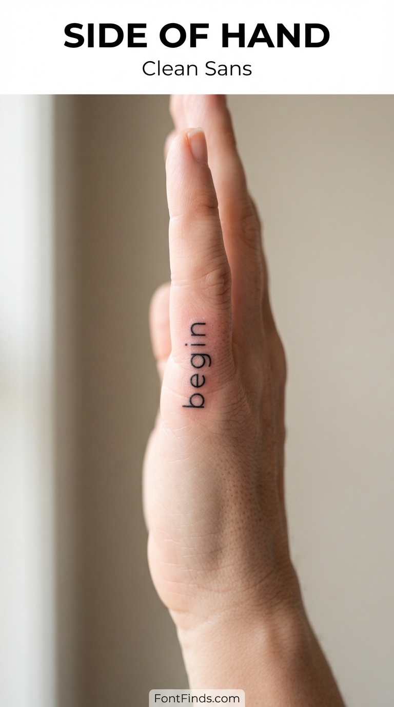Clean sans serif tattoo font on side of hand