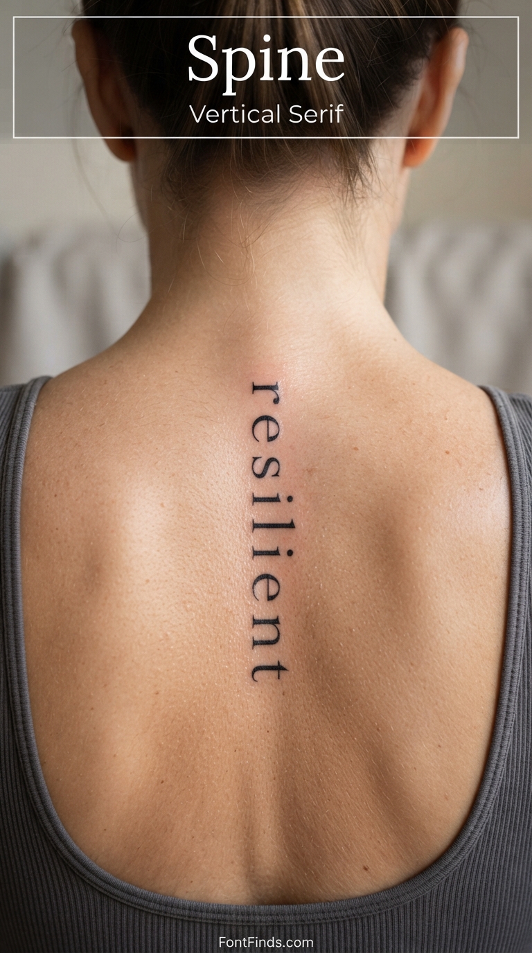 Vertical serif tattoo lettering down the spine