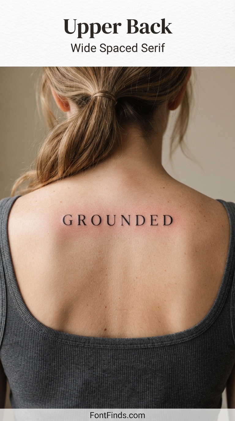 Wide spaced serif tattoo lettering across upper back