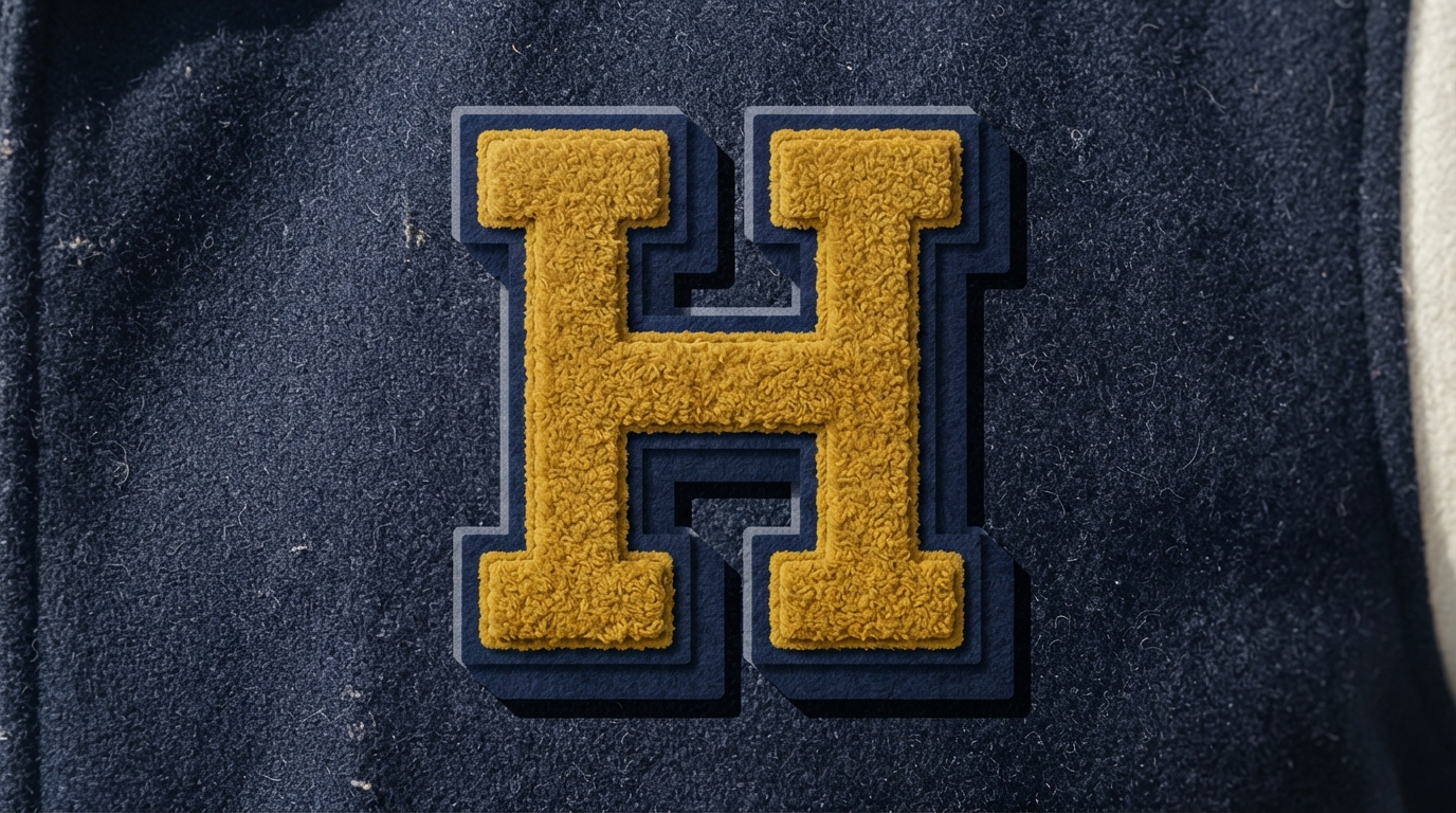 Layered varsity letter H with drop shadow, chenille style