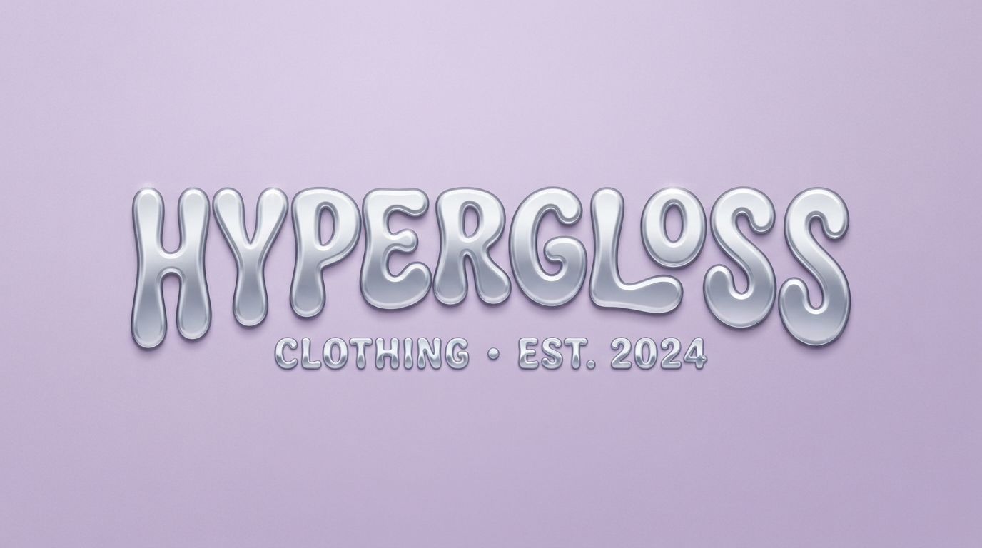 hypergloss chrome bubbly Y2K clothing brand logo in lilac