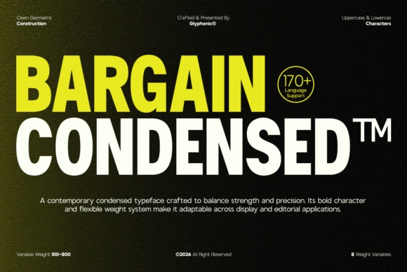 Bargain Condensed font preview by Glyphonic