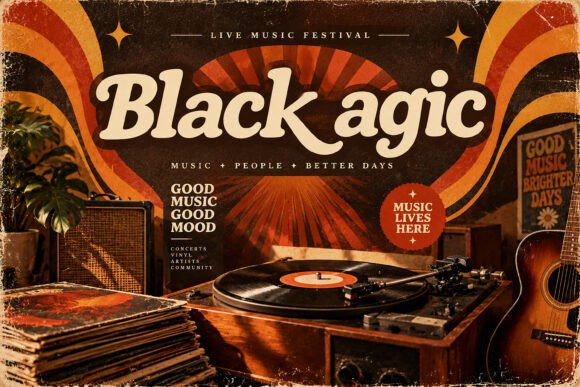 retro groovy fonts example: Black Agic font specimen