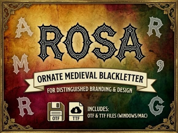 gothic fantasy fonts example: Rosa font specimen