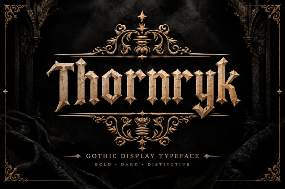 gothic fantasy fonts example: Thornryk font specimen