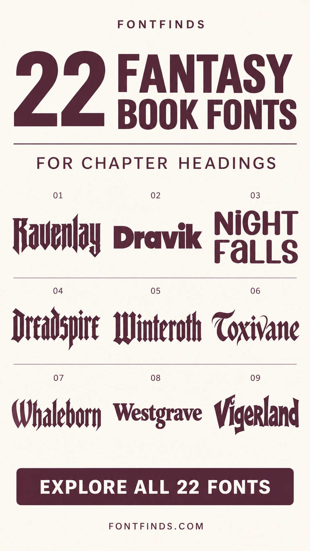 22 fantasy chapter heading fonts — nine lettering previews